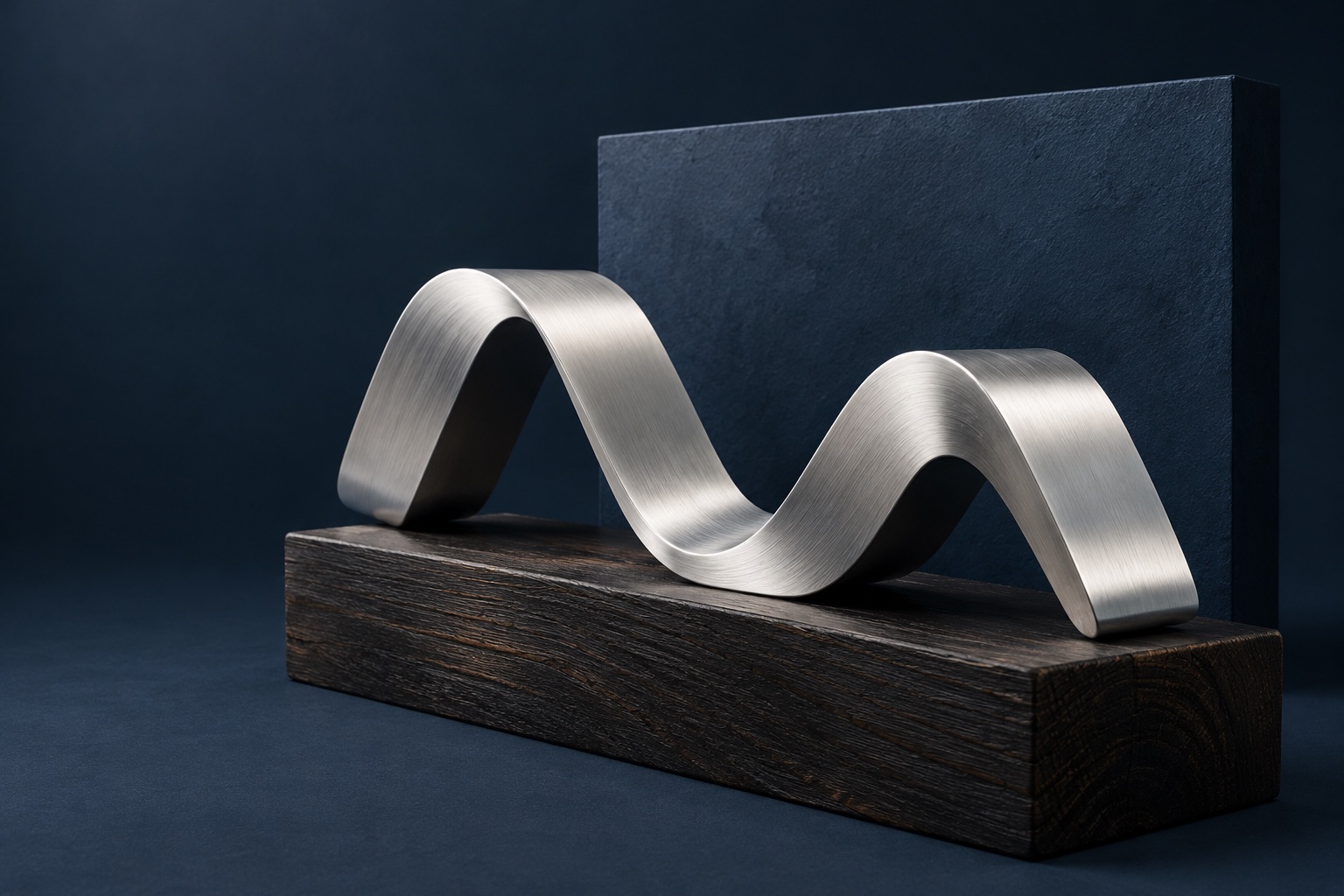 An abstract aluminium wave resting on black-stained timber, against a chalky midnight-blue surface.